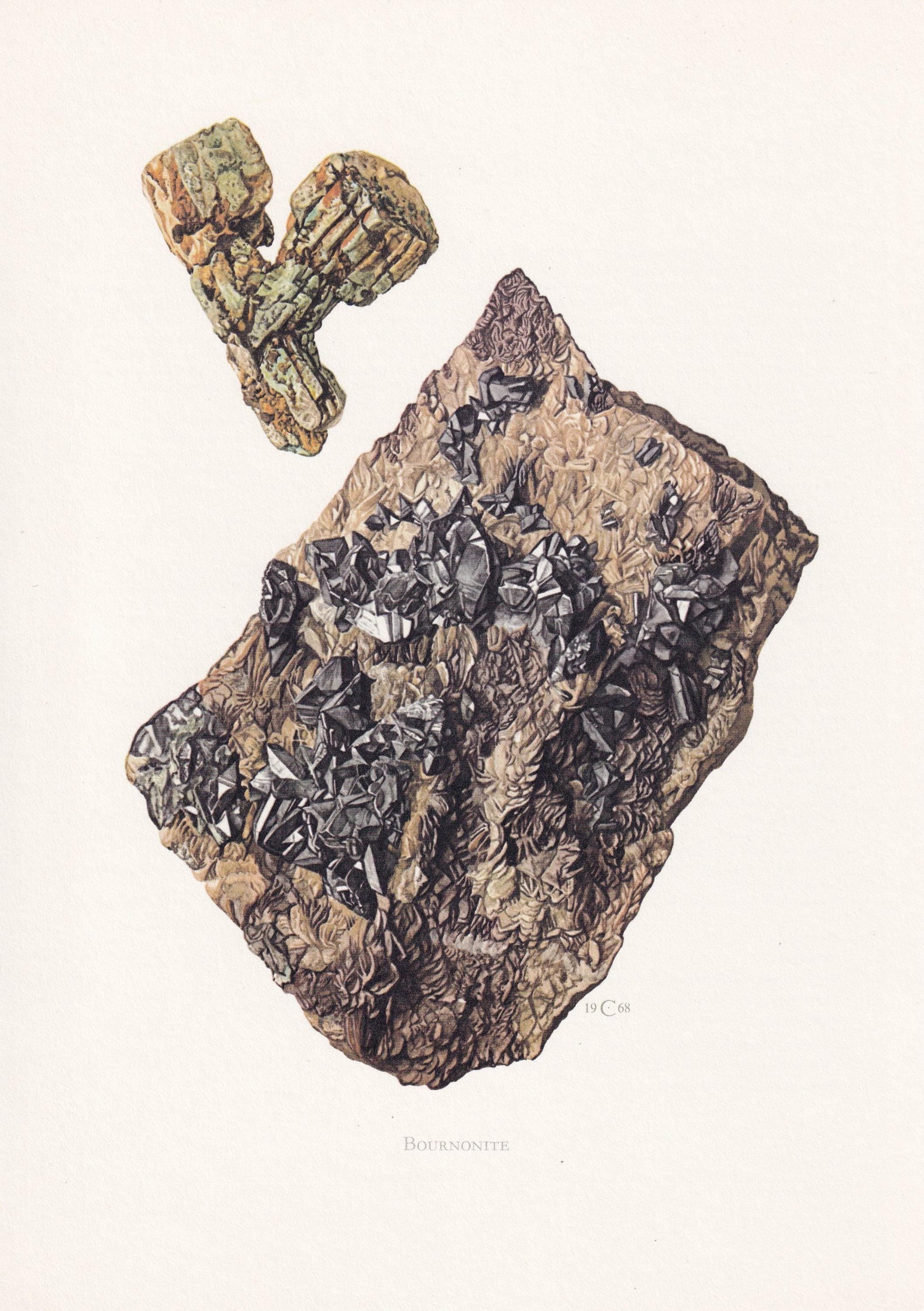 1968 BOURNONITE Print - Mineral Wall Art Gift - Mineralogy Decor - Precious Stones - Vintage Rock Art - Element - 7.5 x 10.6 Inches