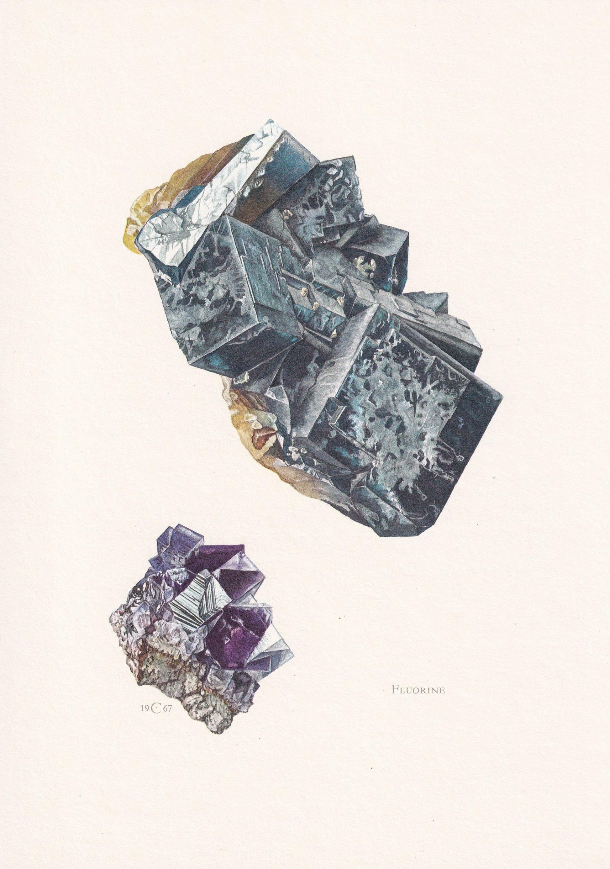1968 FLUORITE (FLUORINE) Print - Mineral Wall Art Gift - Mineralogy Decor - Precious Stones - Vintage Rock Art - Element - 7.5 x 10.6 Inches