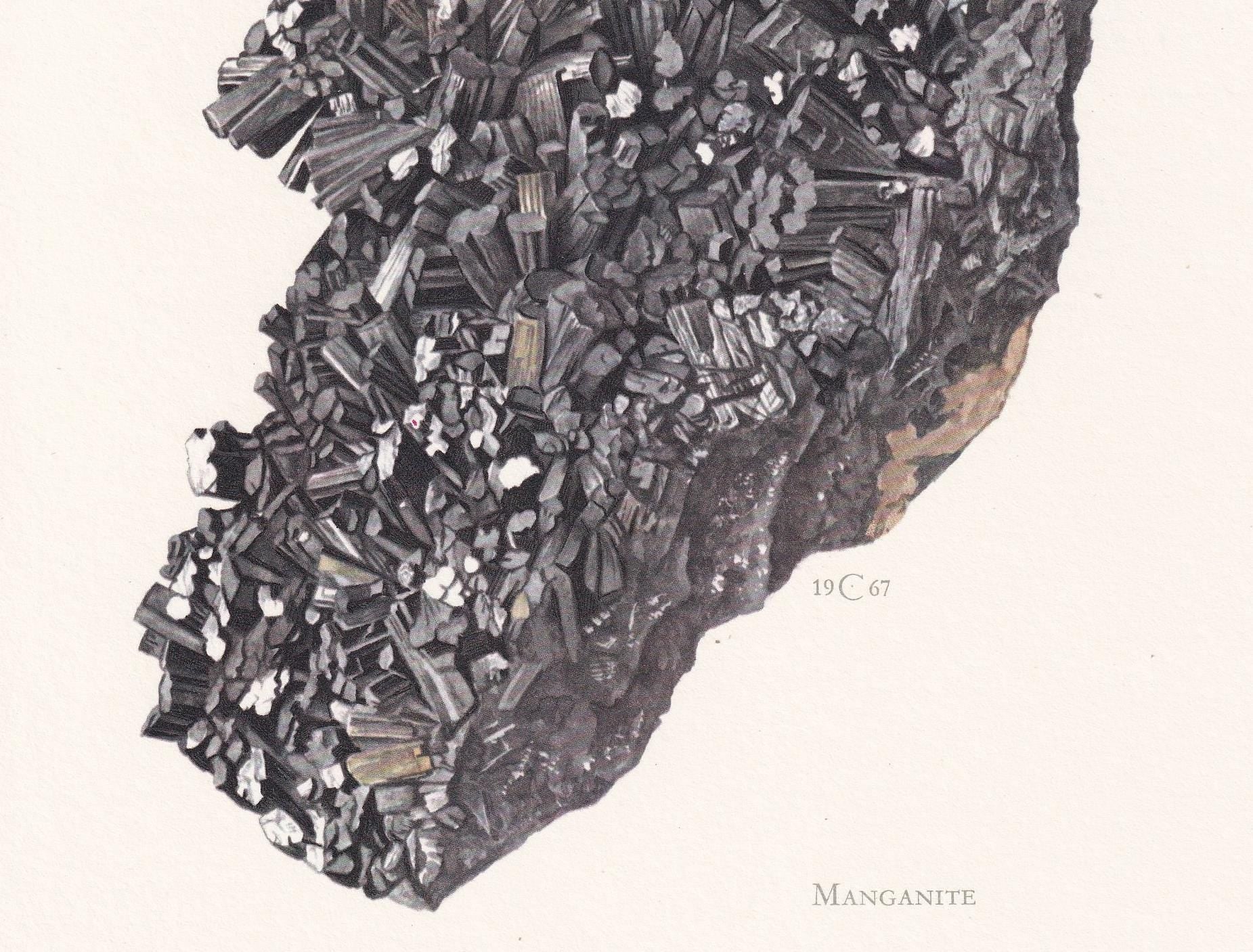 1968 MANGANITE Print - Mineral Wall Art Gift - Mineralogy Decor - Precious Stones - Vintage Rock Art - Element - 7.5 x 10.6 Inches