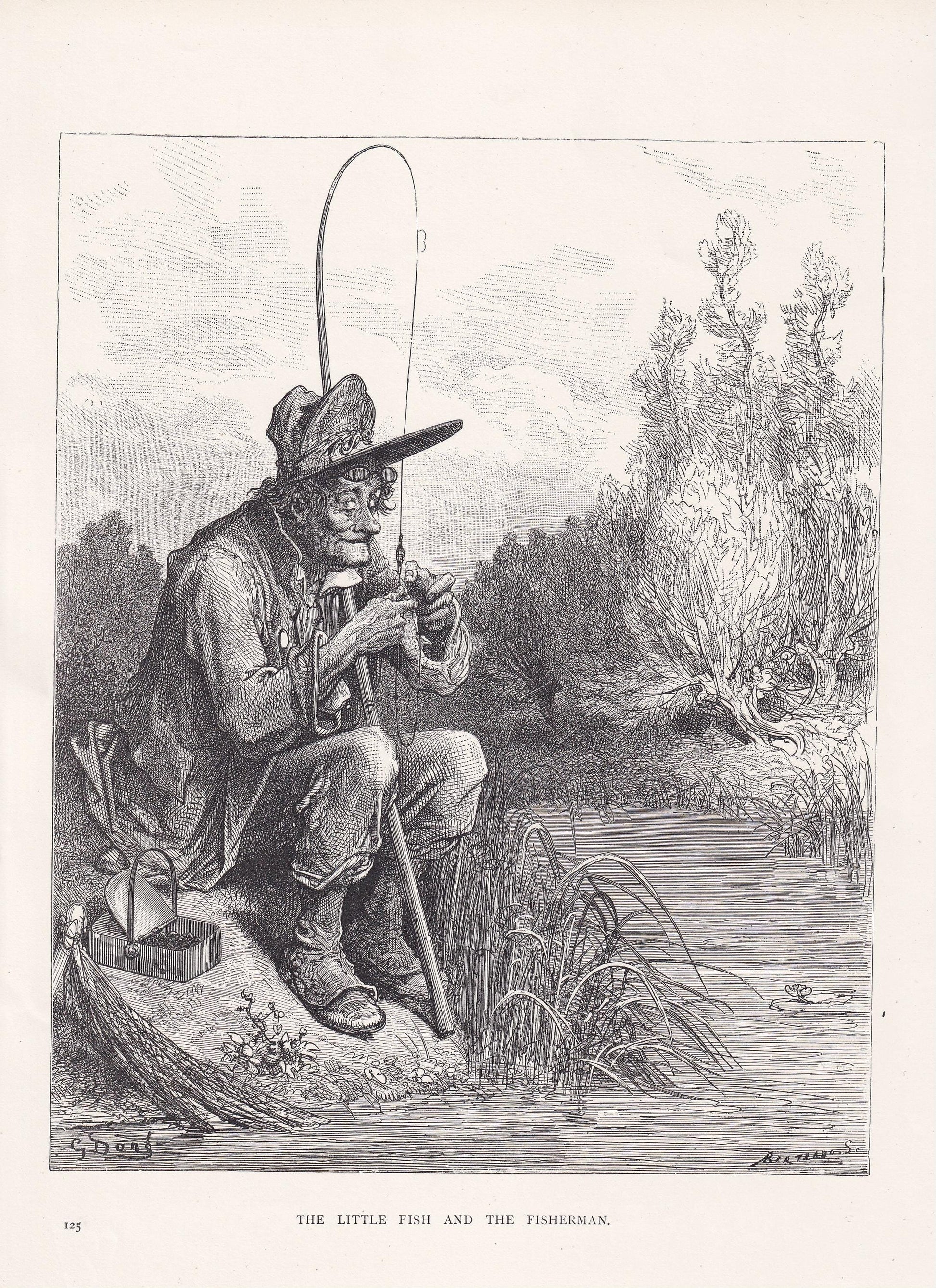 1870 GUSTAVE DORE Print - "The Little Fish and the Fisherman" - Dore Wall Art - Antique Dore Engraving - 8.5 x 12.2 Inches