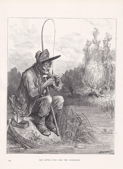1870 GUSTAVE DORE Print - "The Little Fish and the Fisherman" - Dore Wall Art - Antique Dore Engraving - 8.5 x 12.2 Inches