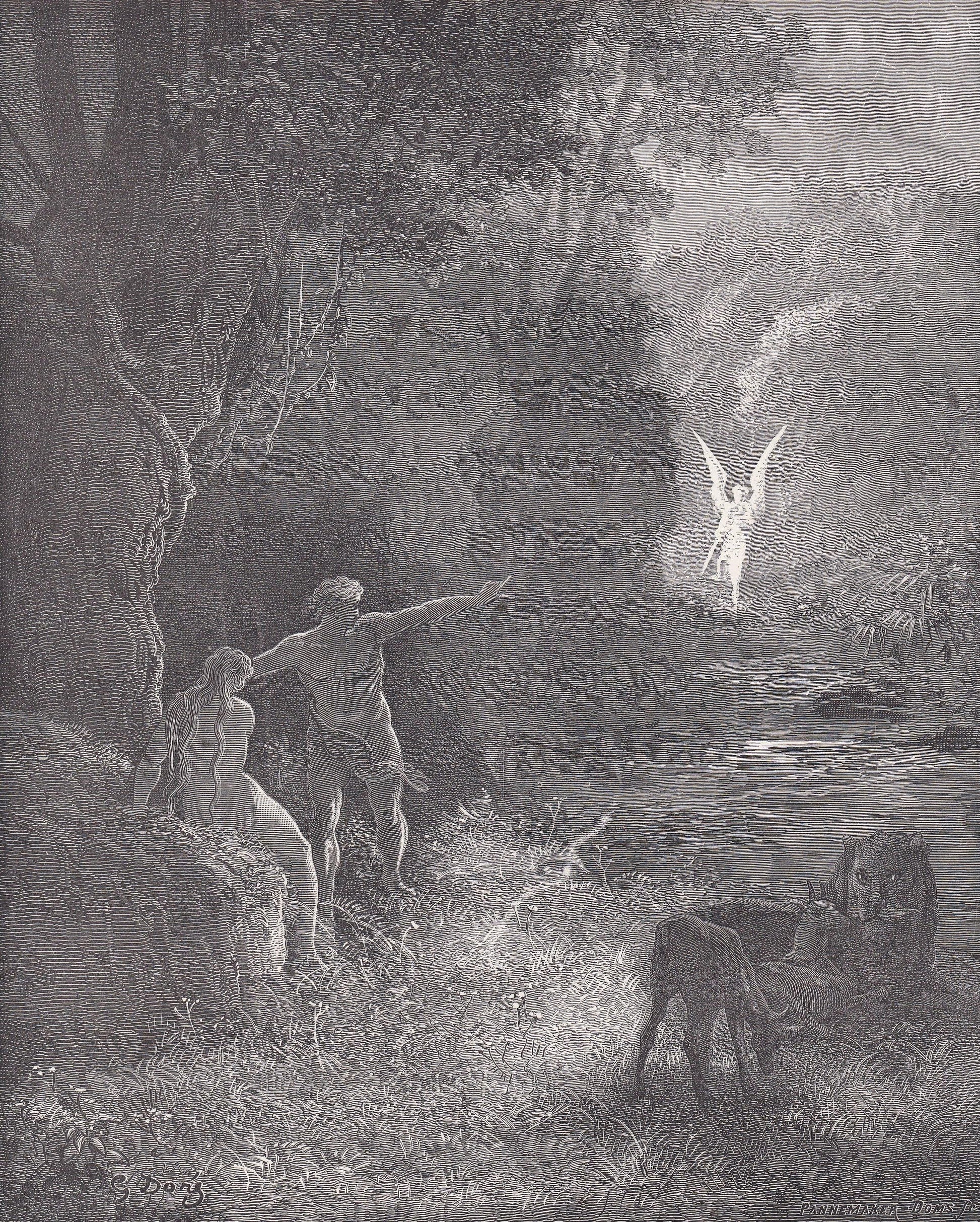 1870 GUSTAVE DORE Print - "The Coming of Raphael" - Dore Wall Art - Antique Dore Engraving - 8.5 x 12.2 Inches