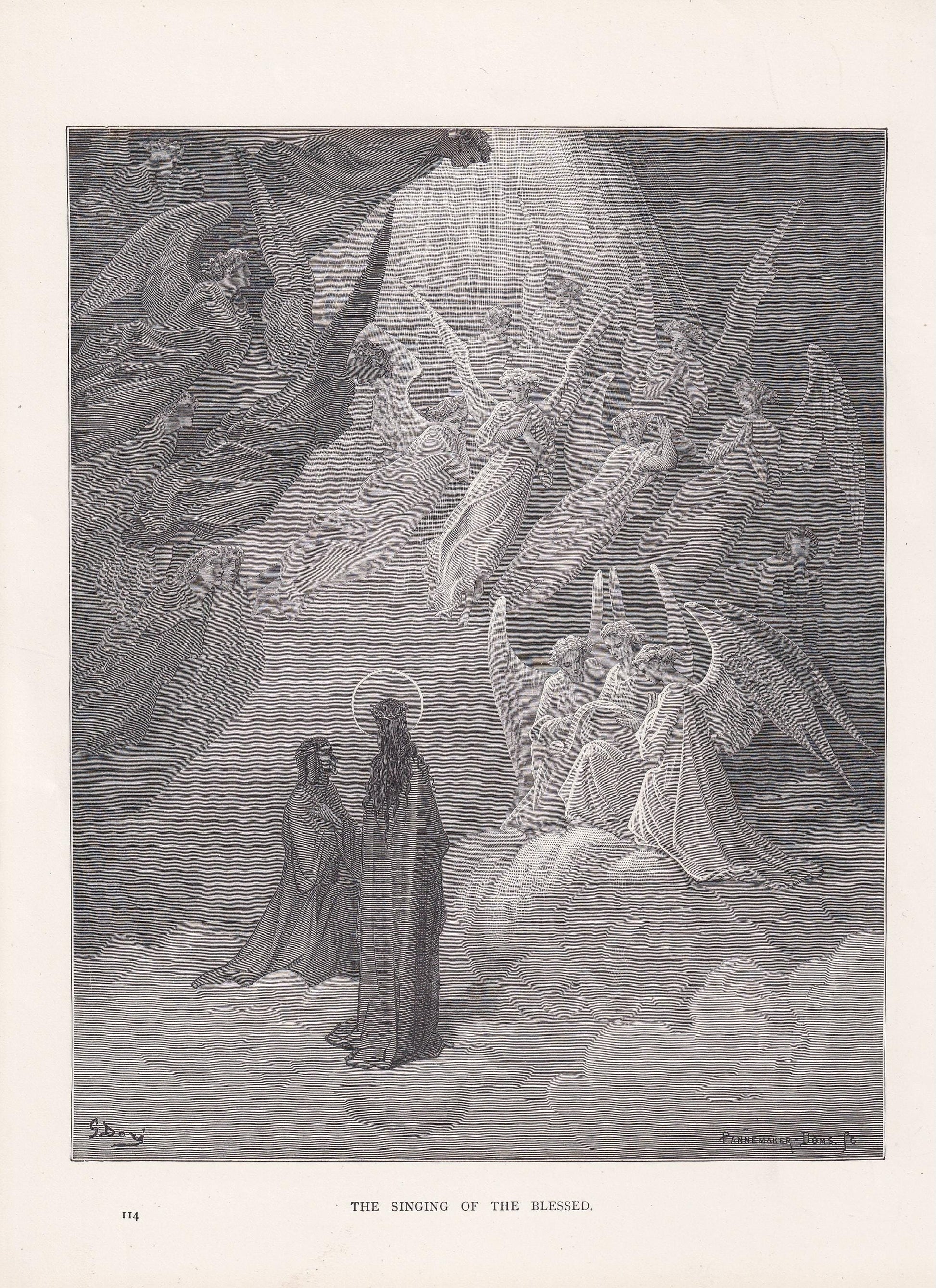 1870 GUSTAVE DORE Print - "The Singing of the Blessed" - Dore Wall Art - Antique Dore Engraving - 8.5 x 12.2 Inches