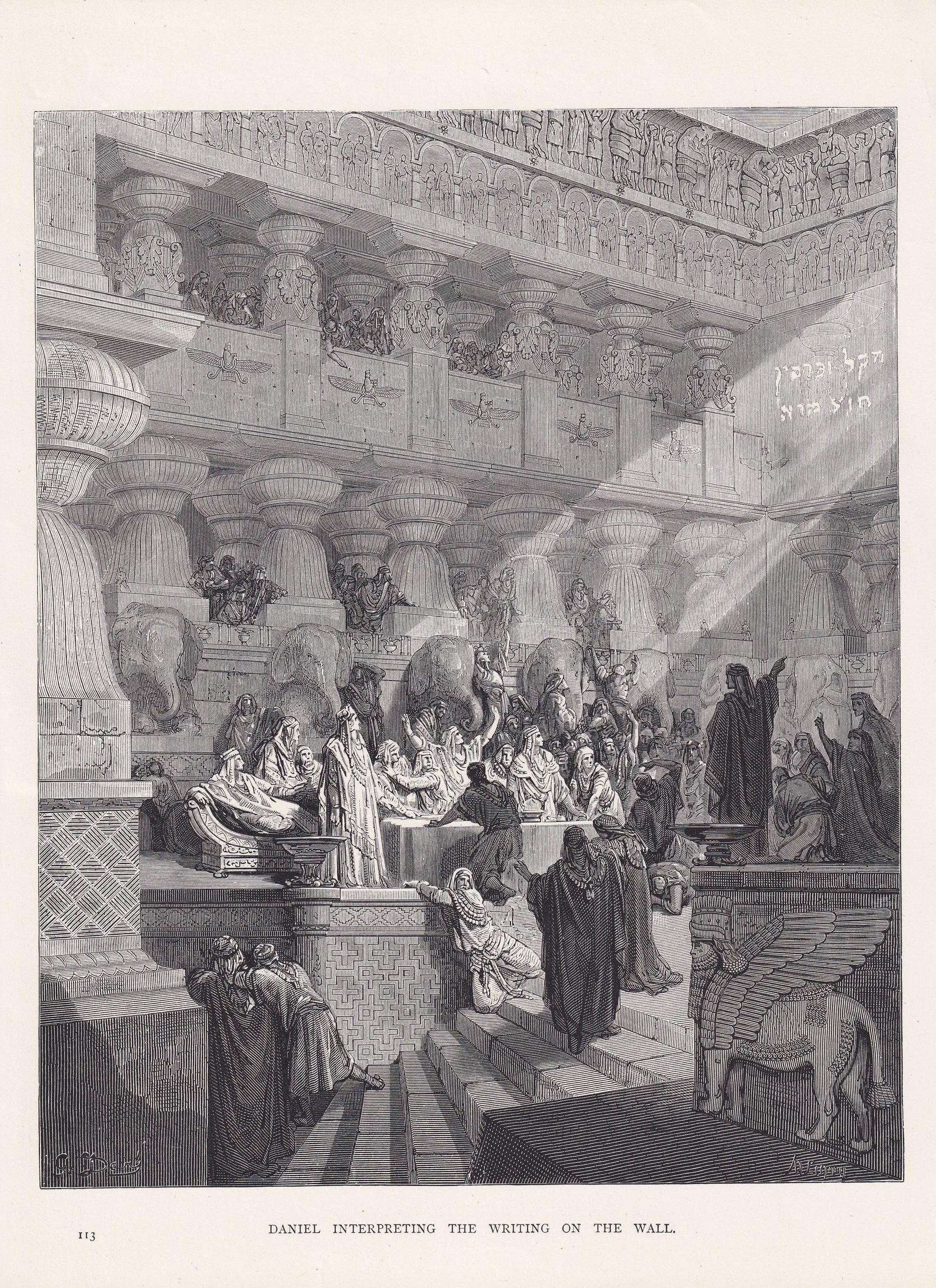 1870 GUSTAVE DORE Print - "Daniel Interpreting the Writing on the Wall" - Dore Wall Art - Antique Dore Engraving - 8.5 x 12.8