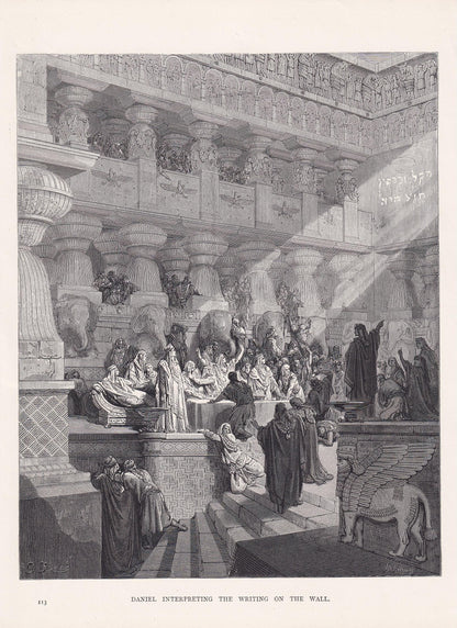 1870 GUSTAVE DORE Print - "Daniel Interpreting the Writing on the Wall" - Dore Wall Art - Antique Dore Engraving - 8.5 x 12.8