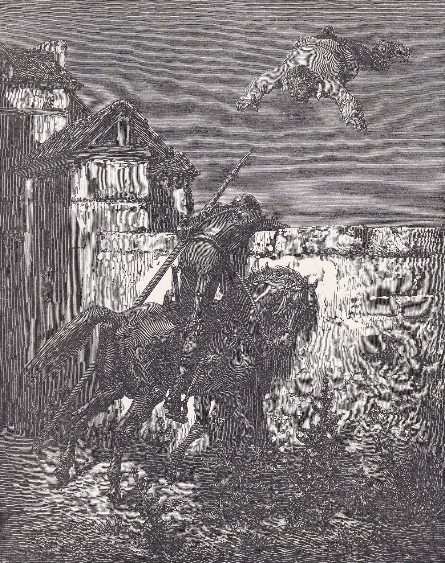 1870 GUSTAVE DORE Print - "Sancho Tossed in a Blanket" - Dore Wall Art - Antique Dore Engraving - 8.5 x 12.2 Inches