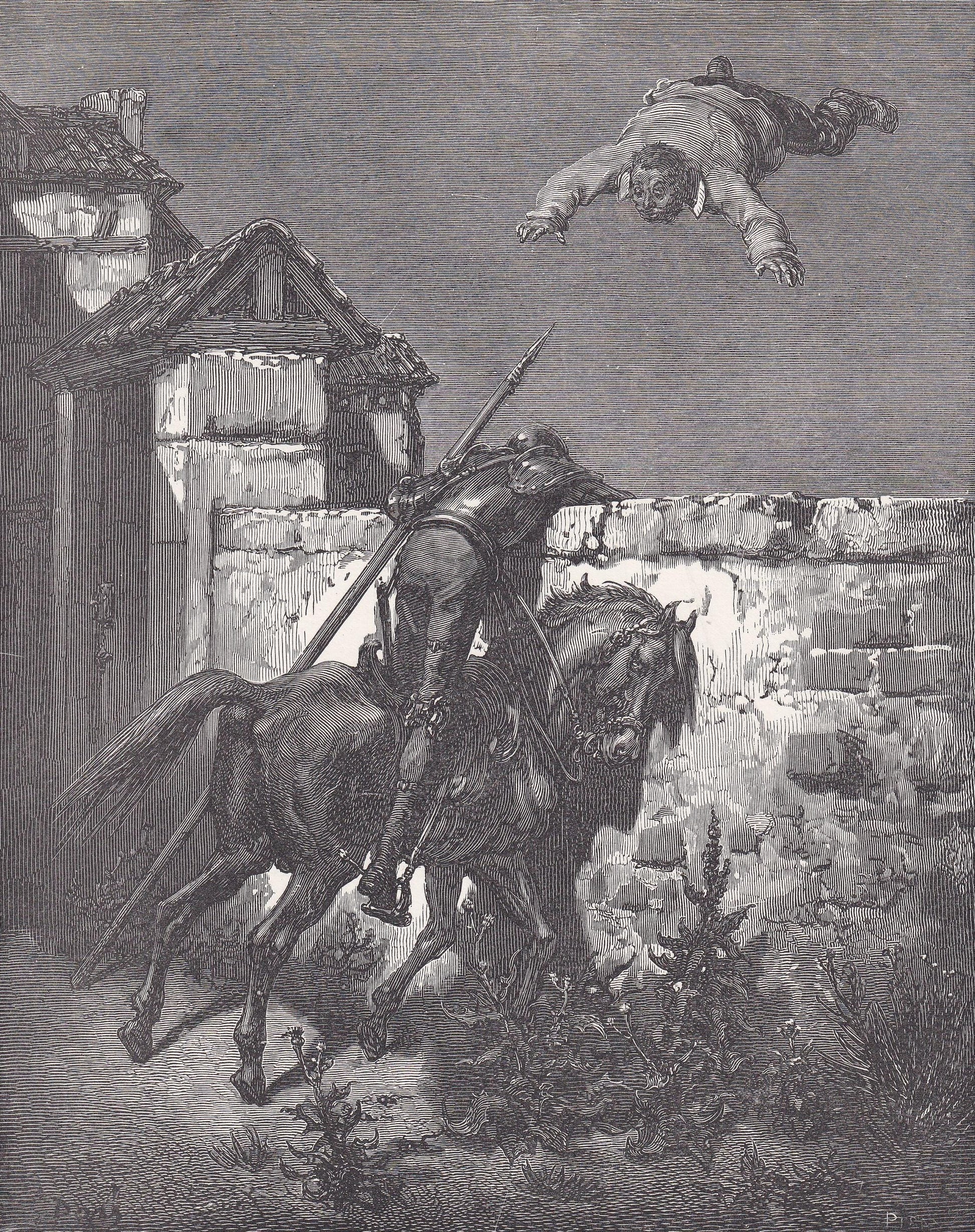 1870 GUSTAVE DORE Print - "Sancho Tossed in a Blanket" - Dore Wall Art - Antique Dore Engraving - 8.5 x 12.2 Inches