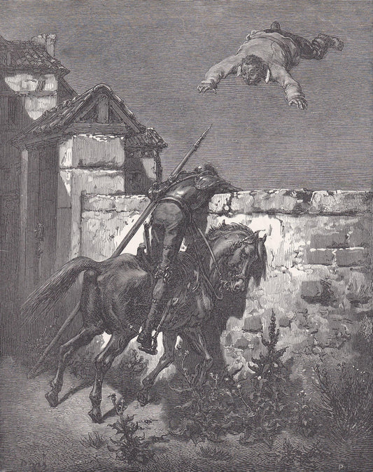 1870 GUSTAVE DORE Print - "Sancho Tossed in a Blanket" - Dore Wall Art - Antique Dore Engraving - 8.5 x 12.2 Inches