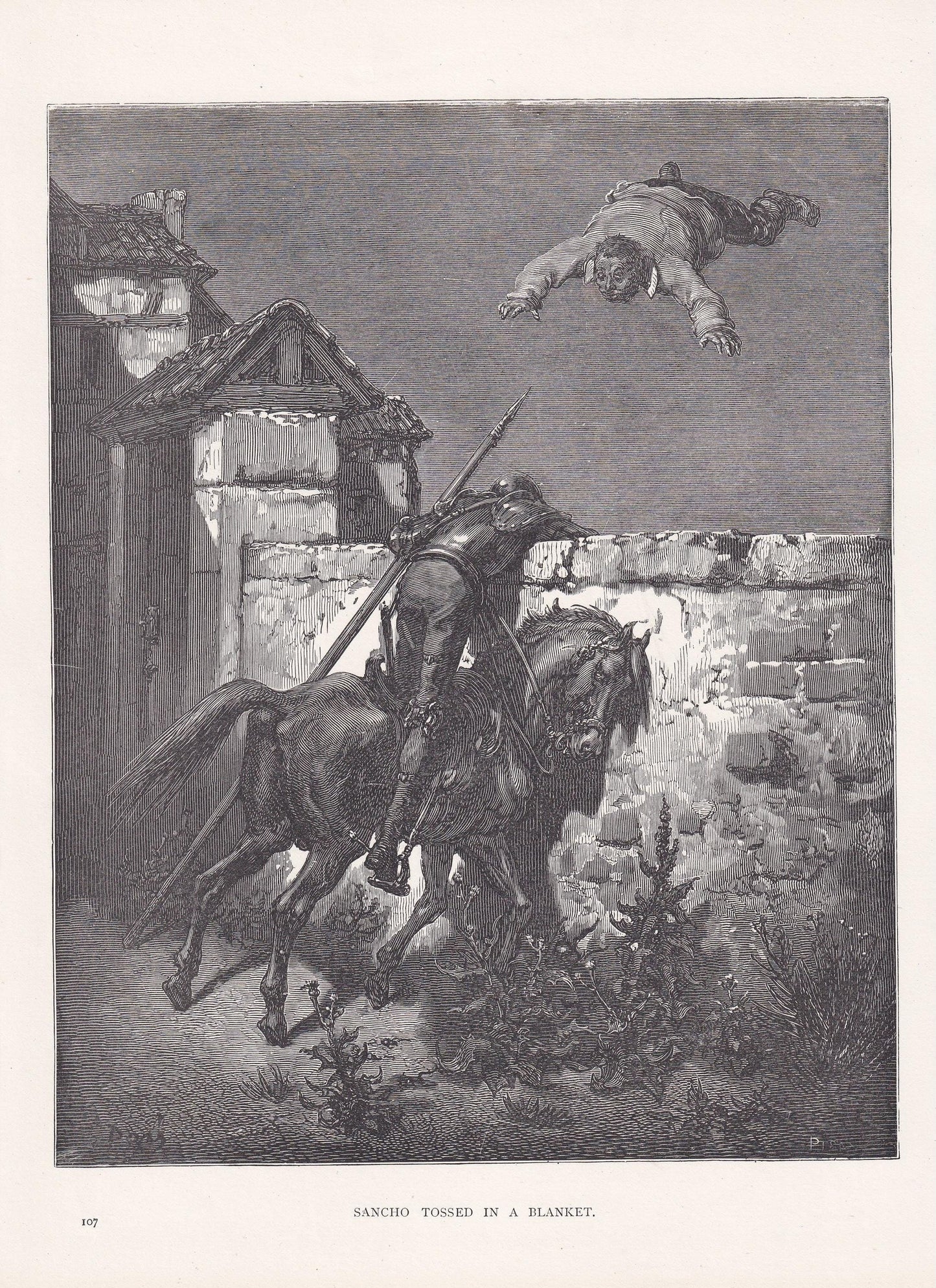 1870 GUSTAVE DORE Print - "Sancho Tossed in a Blanket" - Dore Wall Art - Antique Dore Engraving - 8.5 x 12.2 Inches