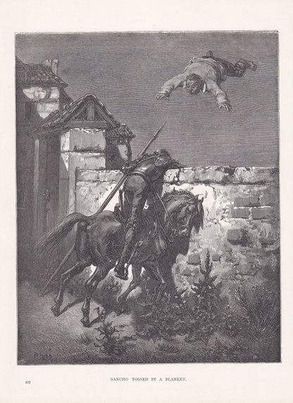 1870 GUSTAVE DORE Print - "Sancho Tossed in a Blanket" - Dore Wall Art - Antique Dore Engraving - 8.5 x 12.2 Inches