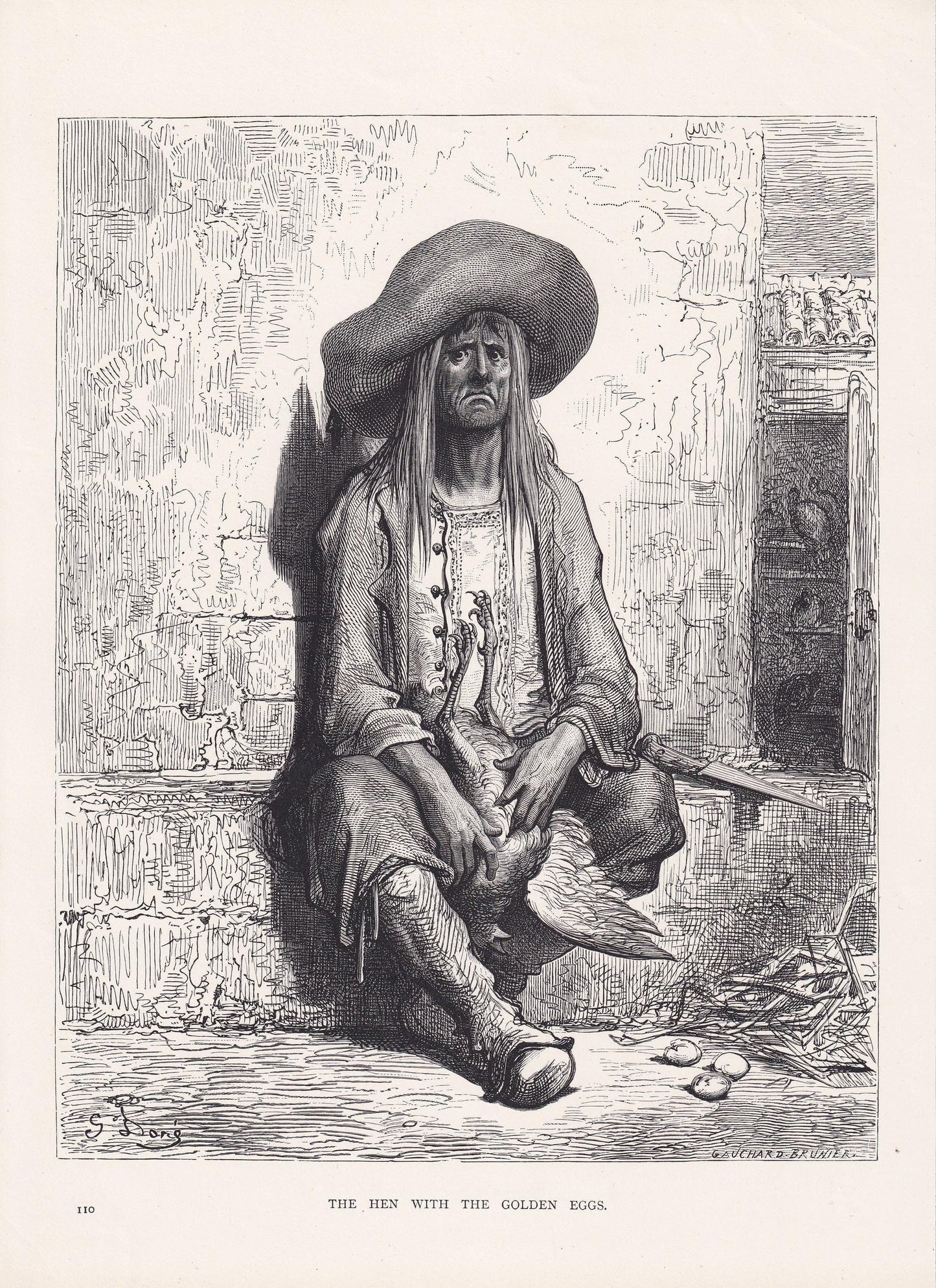 1870 GUSTAVE DORE Print - "The Hen with the Golden Eggs" - Dore Wall Art - Antique Dore Engraving - 8.5 x 12.2 Inches