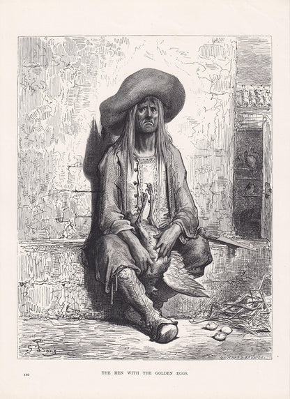 1870 GUSTAVE DORE Print - "The Hen with the Golden Eggs" - Dore Wall Art - Antique Dore Engraving - 8.5 x 12.2 Inches