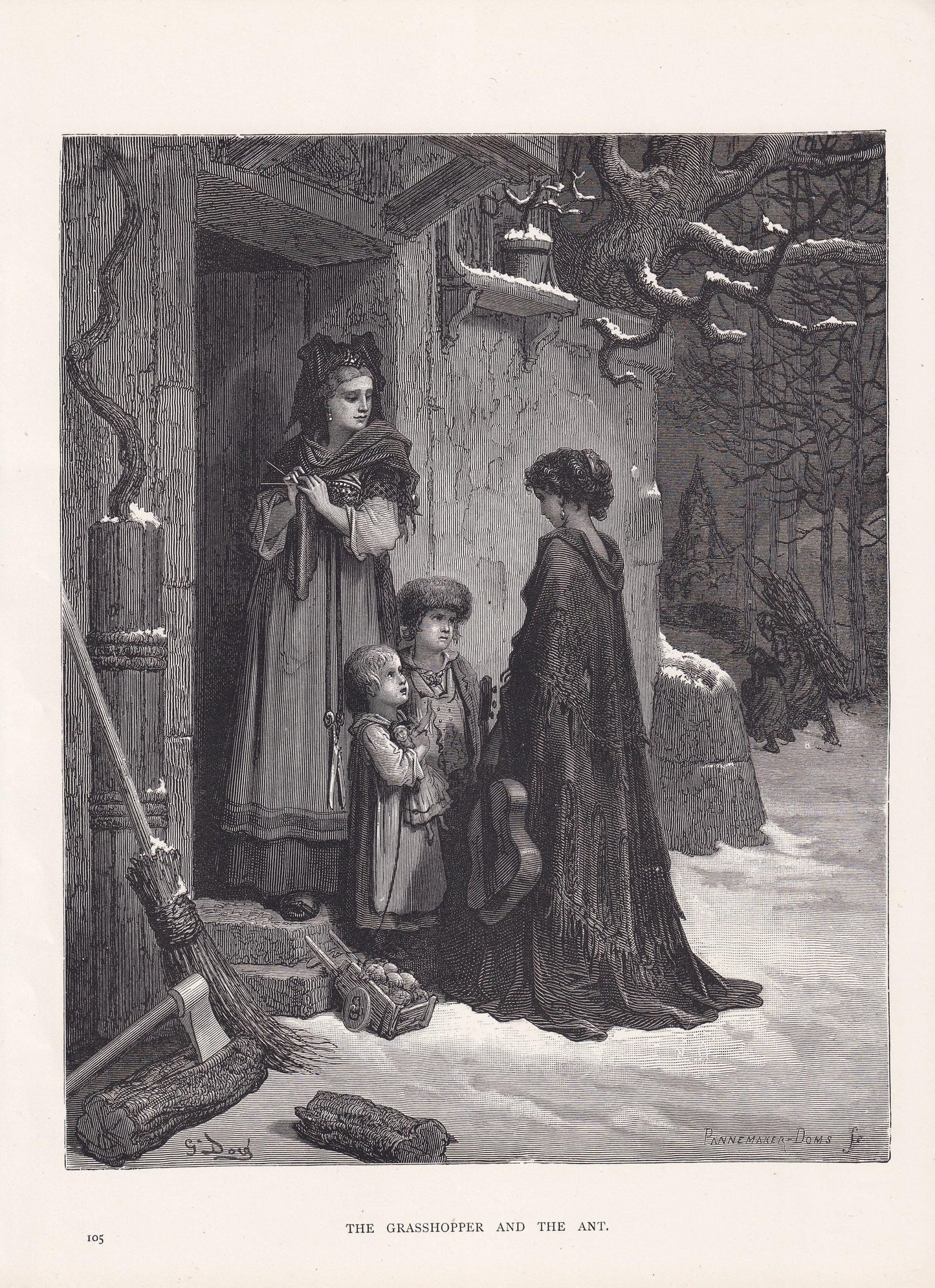 1870 GUSTAVE DORE Print - "The Grasshopper and the Ant" - Dore Wall Art - Antique Dore Engraving - 8.5 x 12.2 Inches