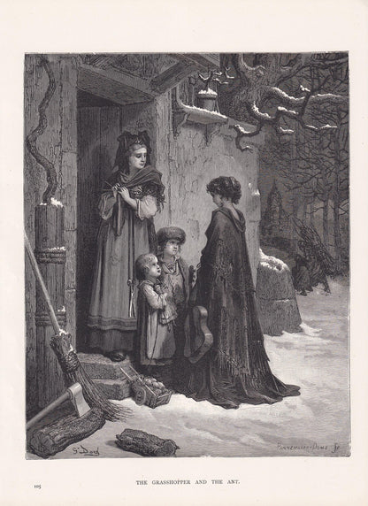 1870 GUSTAVE DORE Print - "The Grasshopper and the Ant" - Dore Wall Art - Antique Dore Engraving - 8.5 x 12.2 Inches
