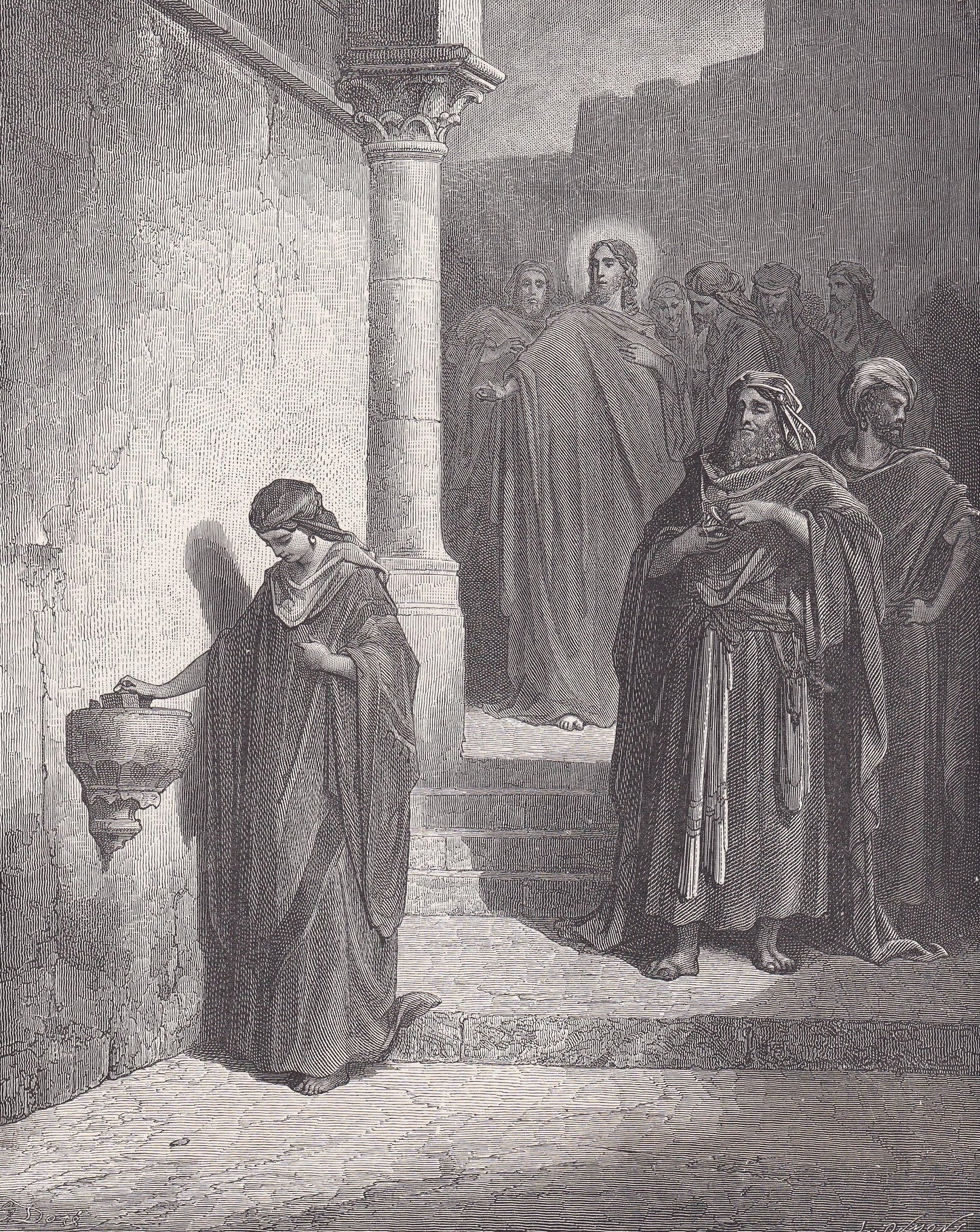 1870 GUSTAVE DORE Print - "The Widow's Mite" - Dore Wall Art - Antique Dore Engraving - 8.5 x 12.2 Inches