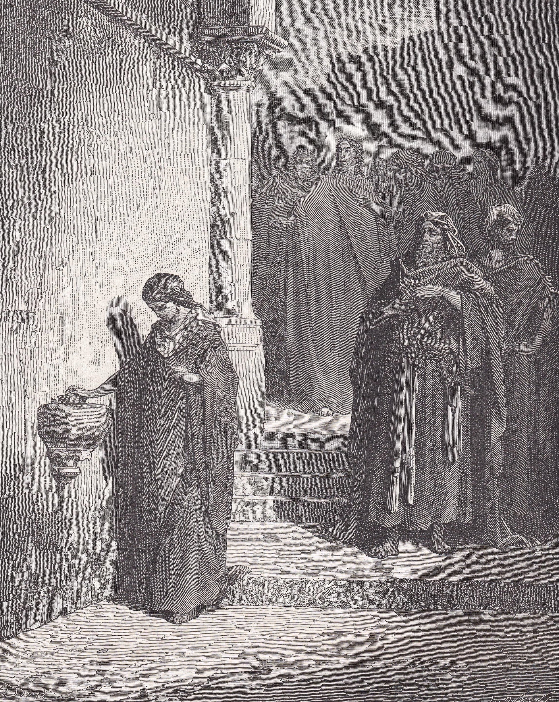 1870 GUSTAVE DORE Print - "The Widow's Mite" - Dore Wall Art - Antique Dore Engraving - 8.5 x 12.2 Inches