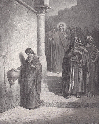 1870 GUSTAVE DORE Print - "The Widow's Mite" - Dore Wall Art - Antique Dore Engraving - 8.5 x 12.2 Inches