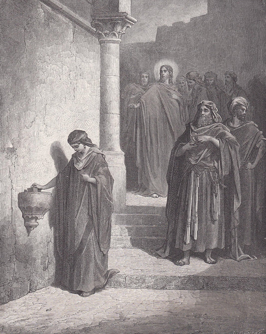 1870 GUSTAVE DORE Print - "The Widow's Mite" - Dore Wall Art - Antique Dore Engraving - 8.5 x 12.2 Inches