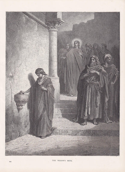 1870 GUSTAVE DORE Print - "The Widow's Mite" - Dore Wall Art - Antique Dore Engraving - 8.5 x 12.2 Inches