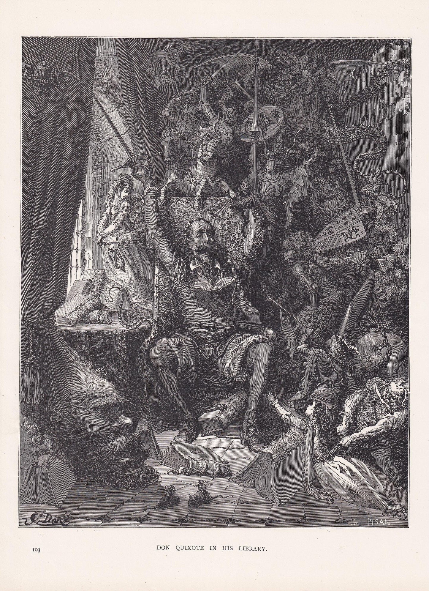 1870 GUSTAVE DORE Print - "Don Quixote In His Library" - Dore Wall Art - Antique Dore Engraving - 8.5 x 12.8 Inches