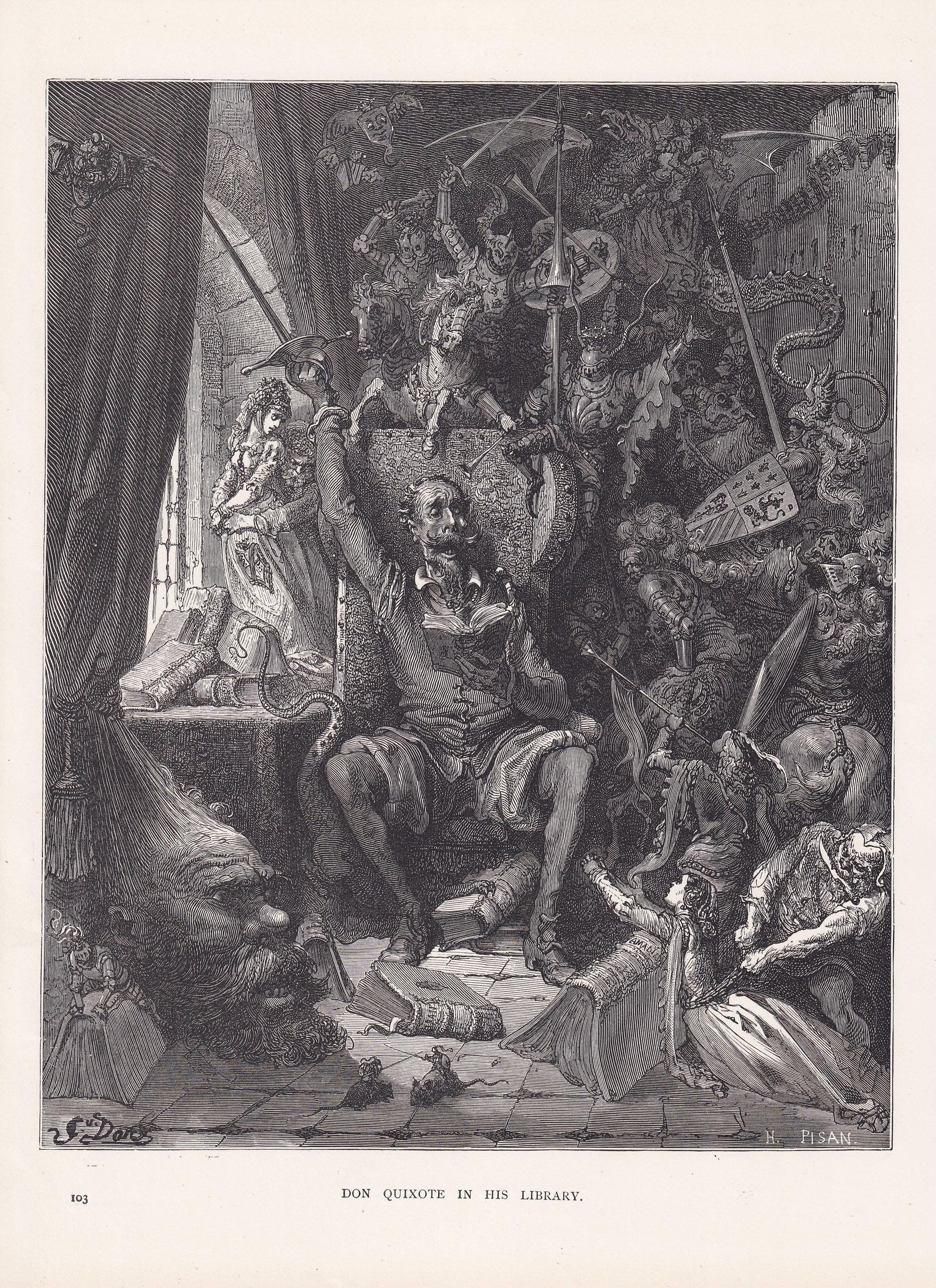 1870 GUSTAVE DORE Print - "Don Quixote In His Library" - Dore Wall Art - Antique Dore Engraving - 8.5 x 12.8 Inches