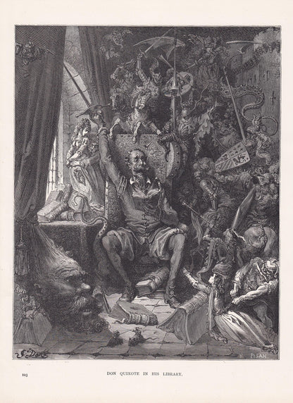 1870 GUSTAVE DORE Print - "Don Quixote In His Library" - Dore Wall Art - Antique Dore Engraving - 8.5 x 12.8 Inches