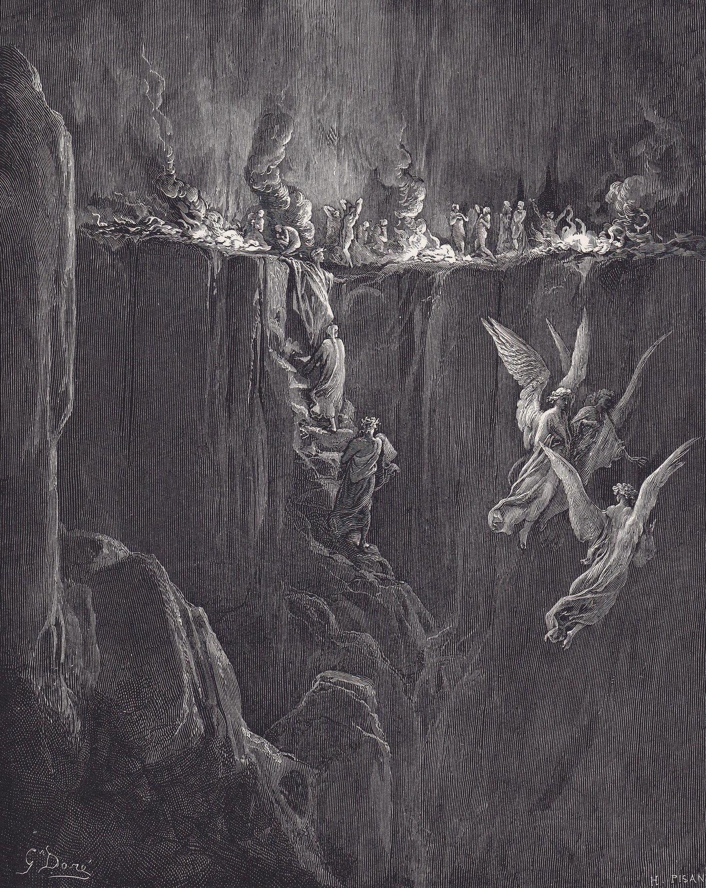 1870 GUSTAVE DORE Print - "The Perilous Pass" - Dante - Dore Wall Art - Antique Dore Engraving - 8.5 x 12.2 Inches