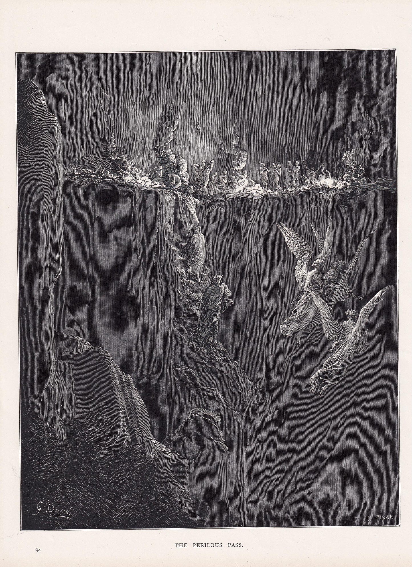 1870 GUSTAVE DORE Print - "The Perilous Pass" - Dante - Dore Wall Art - Antique Dore Engraving - 8.5 x 12.2 Inches
