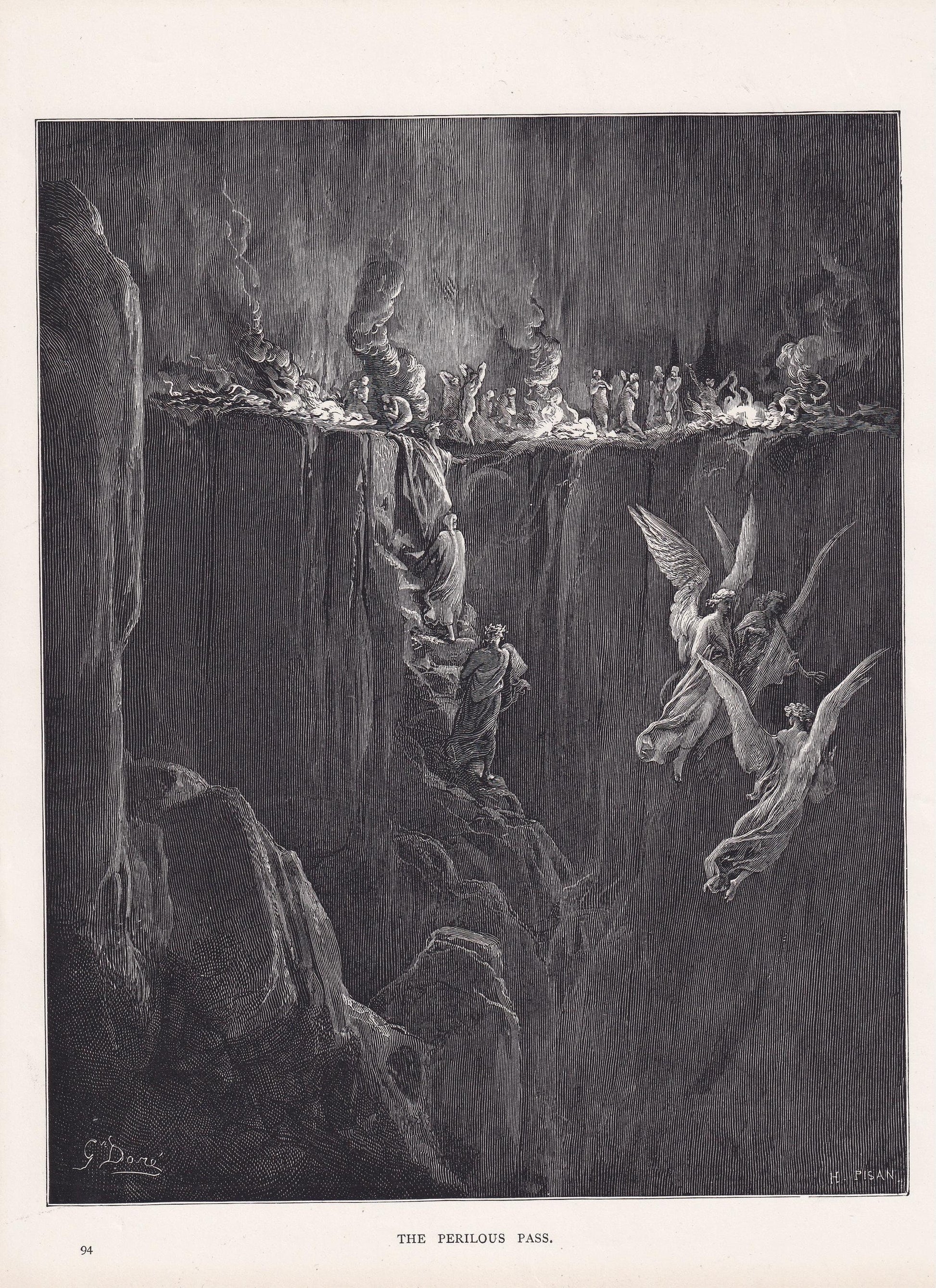 1870 GUSTAVE DORE Print - "The Perilous Pass" - Dante - Dore Wall Art - Antique Dore Engraving - 8.5 x 12.2 Inches