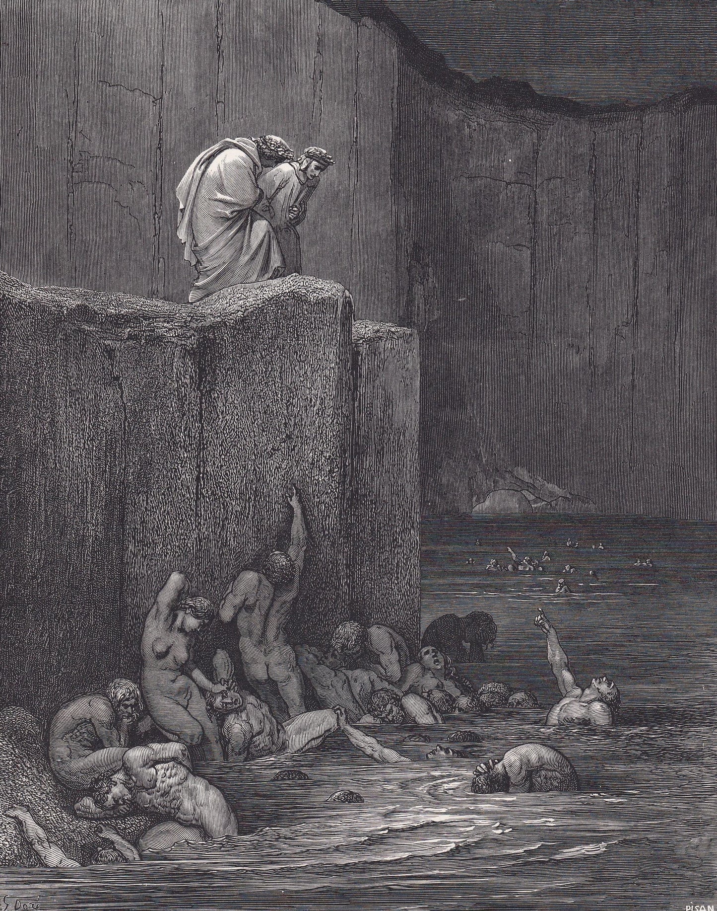 1870 GUSTAVE DORE Print - "The Punishment of Flatterers" - Dante - Dore Wall Art - Antique Dore Engraving - 8.5 x 12.2 Inches