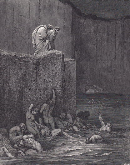 1870 GUSTAVE DORE Print - "The Punishment of Flatterers" - Dante - Dore Wall Art - Antique Dore Engraving - 8.5 x 12.2 Inches