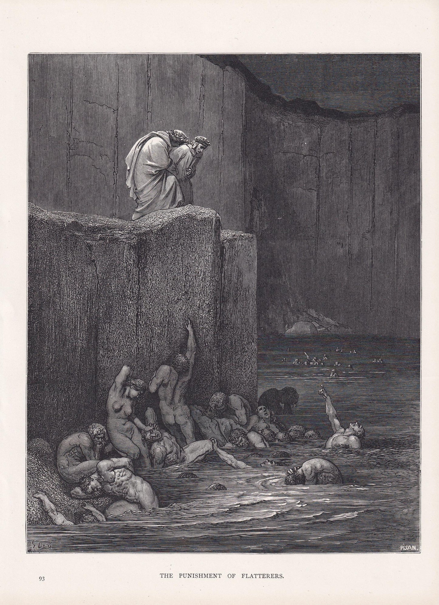 1870 GUSTAVE DORE Print - "The Punishment of Flatterers" - Dante - Dore Wall Art - Antique Dore Engraving - 8.5 x 12.2 Inches
