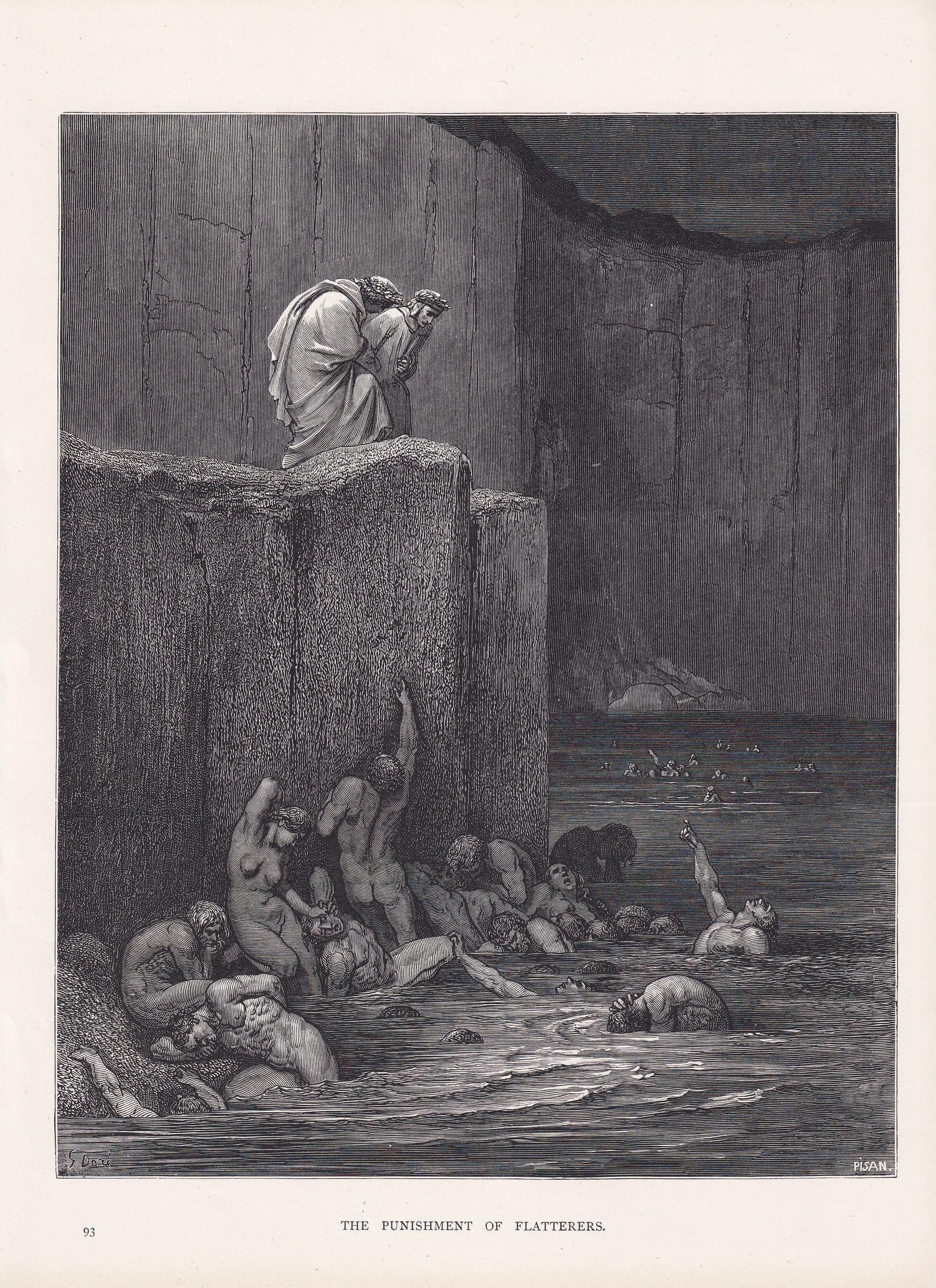 1870 GUSTAVE DORE Print - "The Punishment of Flatterers" - Dante - Dore Wall Art - Antique Dore Engraving - 8.5 x 12.2 Inches