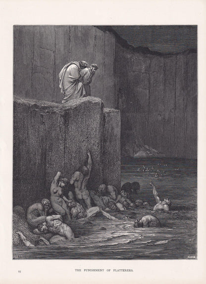 1870 GUSTAVE DORE Print - "The Punishment of Flatterers" - Dante - Dore Wall Art - Antique Dore Engraving - 8.5 x 12.2 Inches