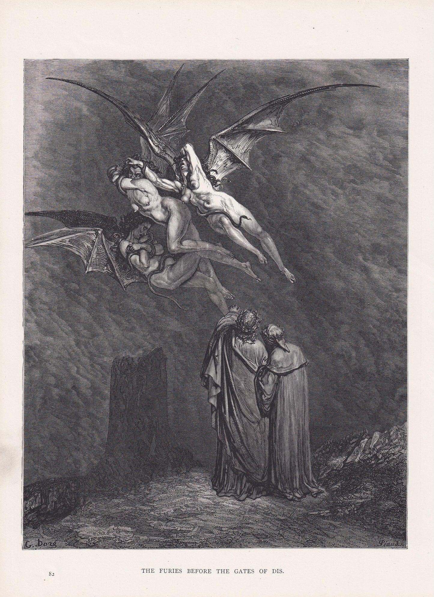 1870 GUSTAVE DORE Print - "The Furies Before the Gates of Dis" - Dore Wall Art - Antique Dore Engraving - 8.5 x 12.2 Inches