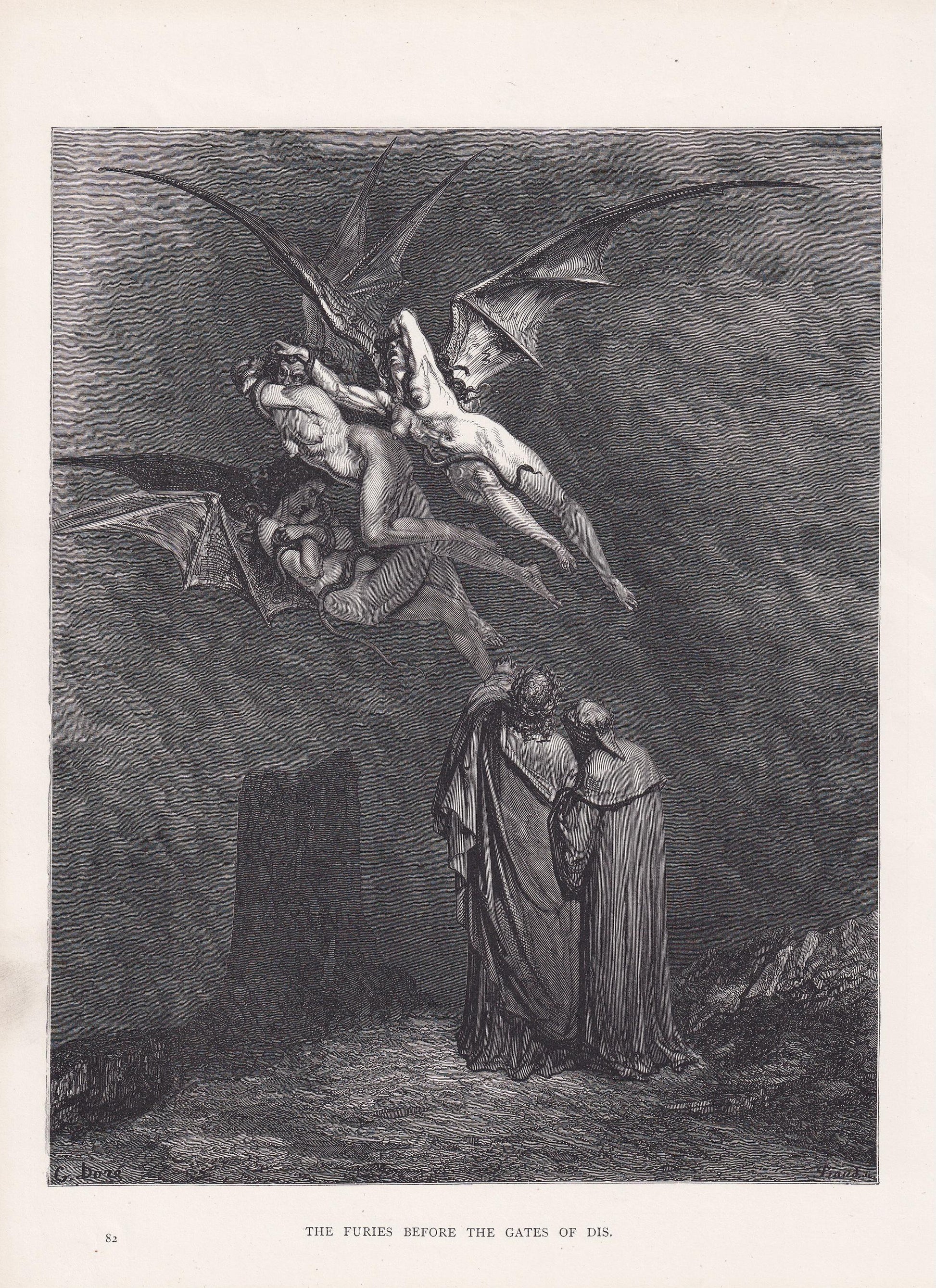 1870 GUSTAVE DORE Print - "The Furies Before the Gates of Dis" - Dore Wall Art - Antique Dore Engraving - 8.5 x 12.2 Inches