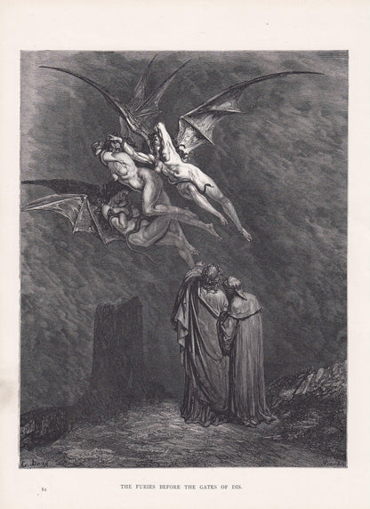 1870 GUSTAVE DORE Print - "The Furies Before the Gates of Dis" - Dore Wall Art - Antique Dore Engraving - 8.5 x 12.2 Inches