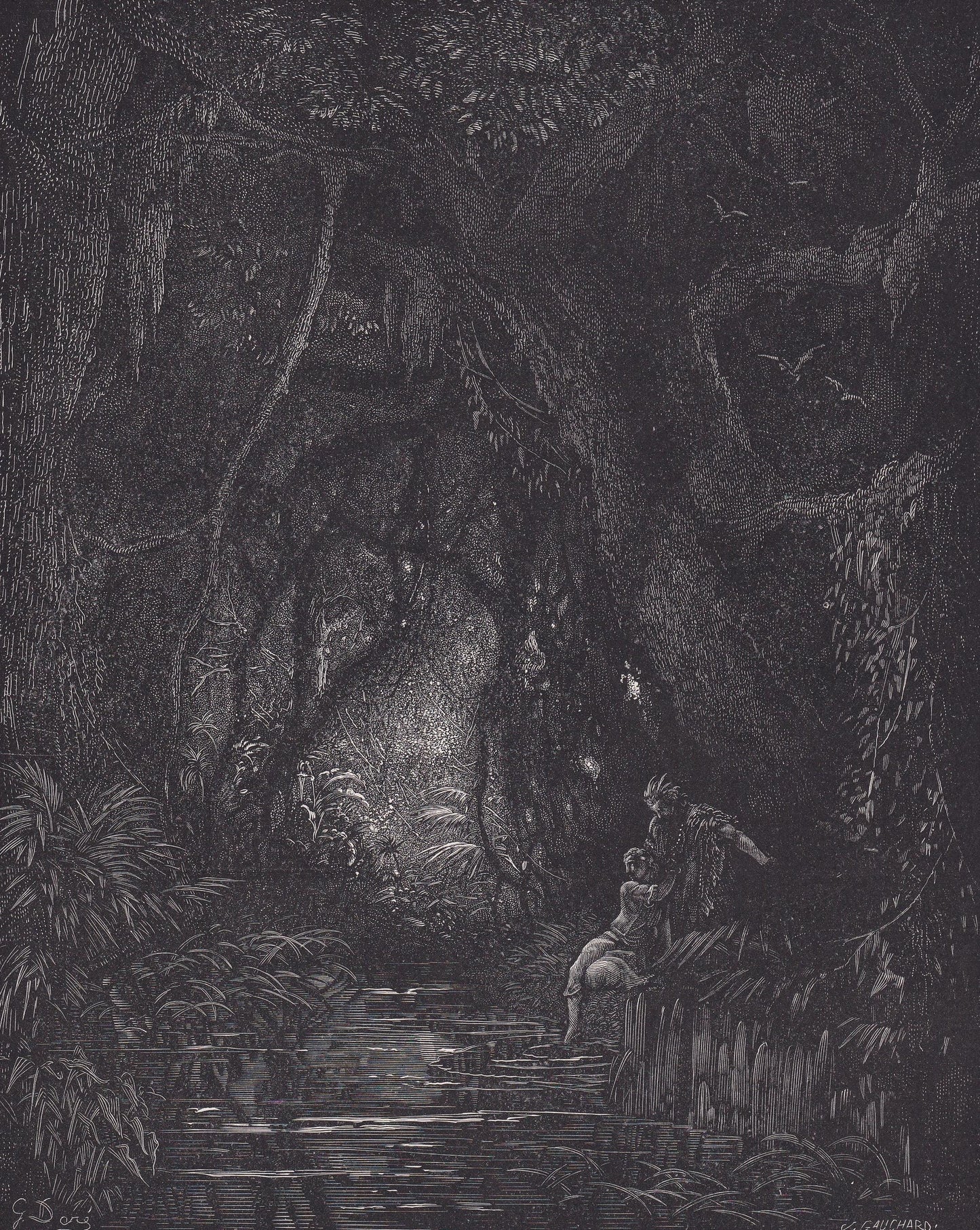 1870 GUSTAVE DORE Print - "The Deep Mid-Forest" - Dore Wall Art - Antique Dore Engraving - 8.5 x 12.2 Inches