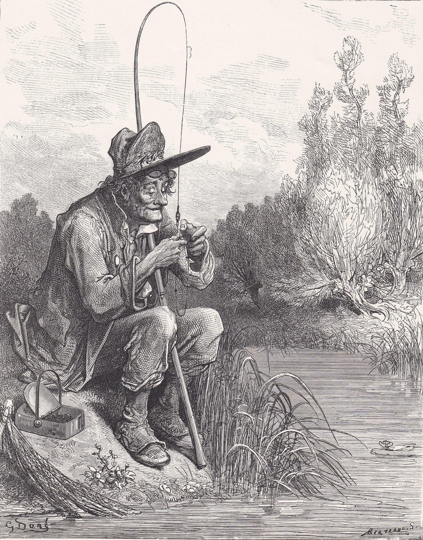 1870 GUSTAVE DORE Print - "The Little Fish and the Fisherman" - Dore Wall Art - Antique Dore Engraving - 8.5 x 12.2 Inches