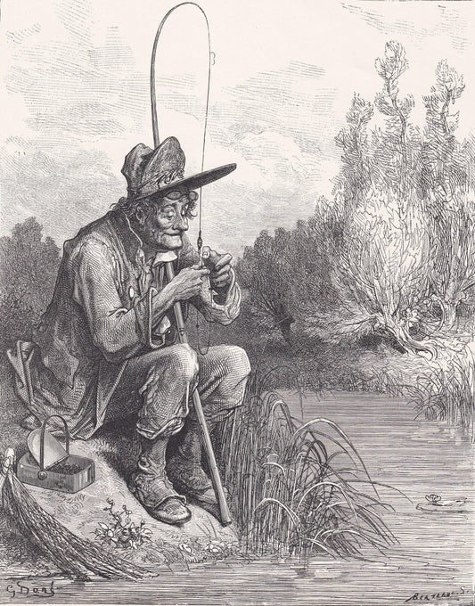 1870 GUSTAVE DORE Print - "The Little Fish and the Fisherman" - Dore Wall Art - Antique Dore Engraving - 8.5 x 12.2 Inches
