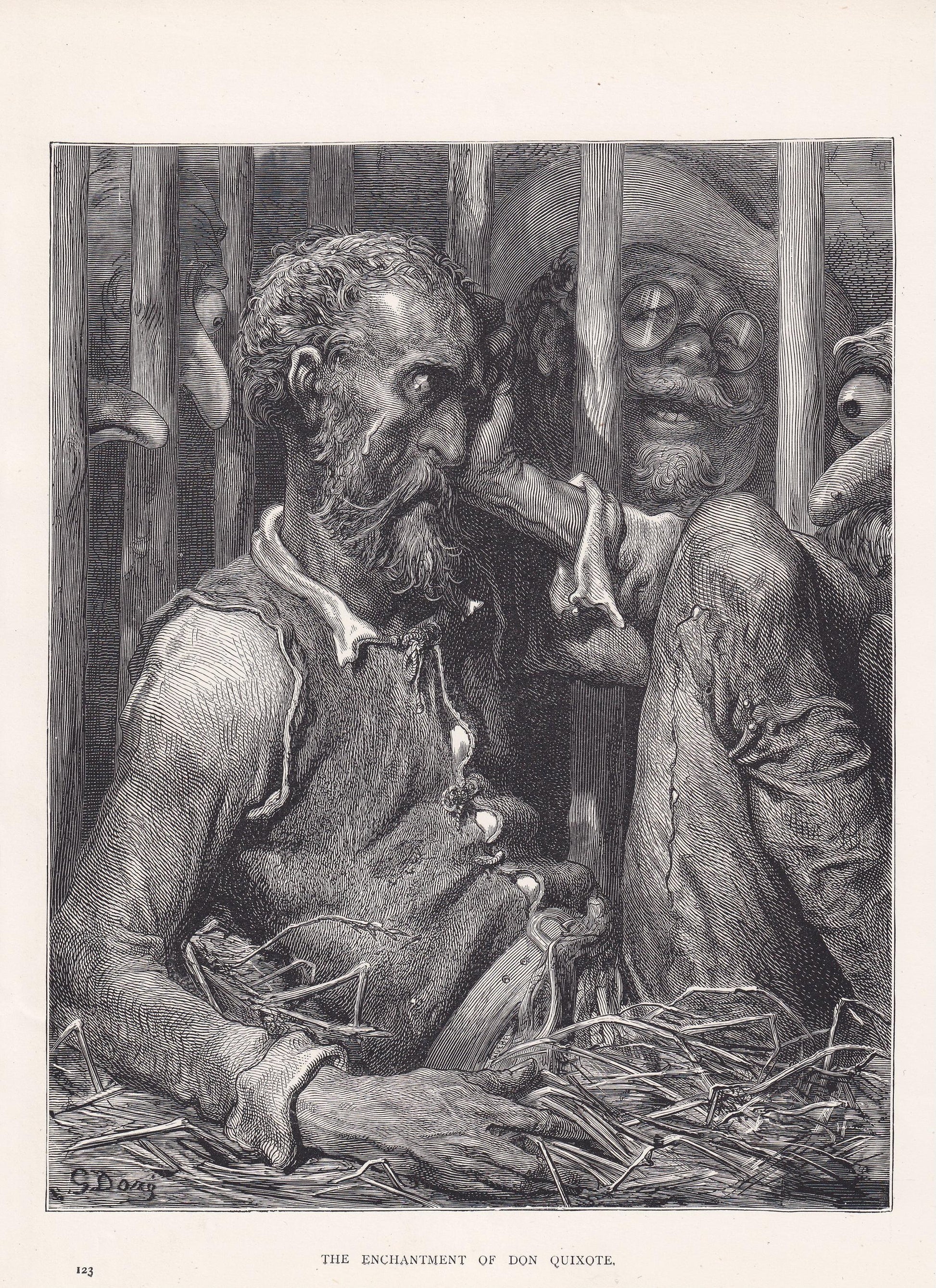 1870 GUSTAVE DORE Print - "The Enchantment of Don Quixote" - Dore Wall Art - Antique Dore Engraving - 8.5 x 12.2 Inches