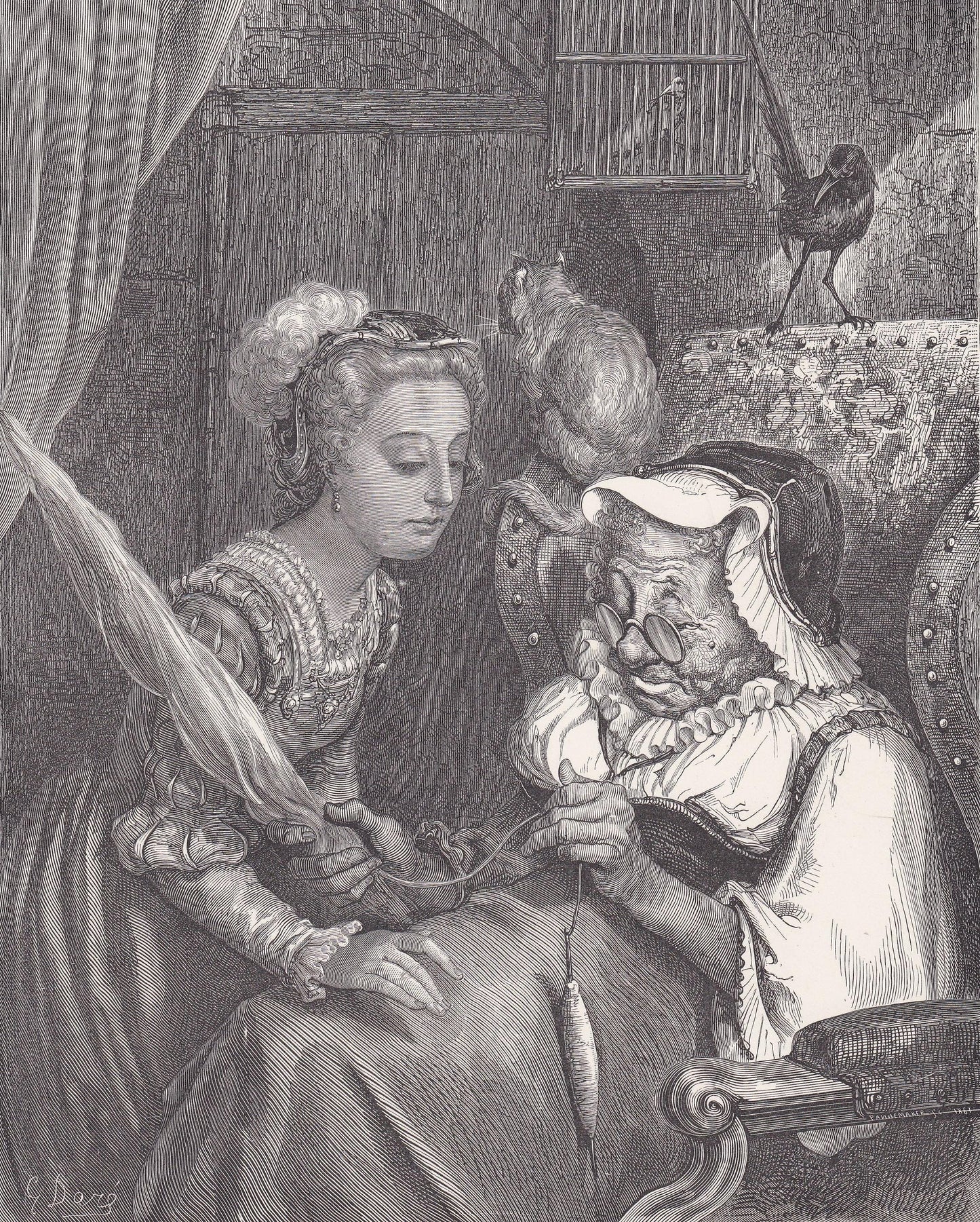 1870 GUSTAVE DORE Print - "The Princess and Fairy Spite" - Dore Wall Art - Antique Dore Engraving - 8.5 x 12.2 Inches