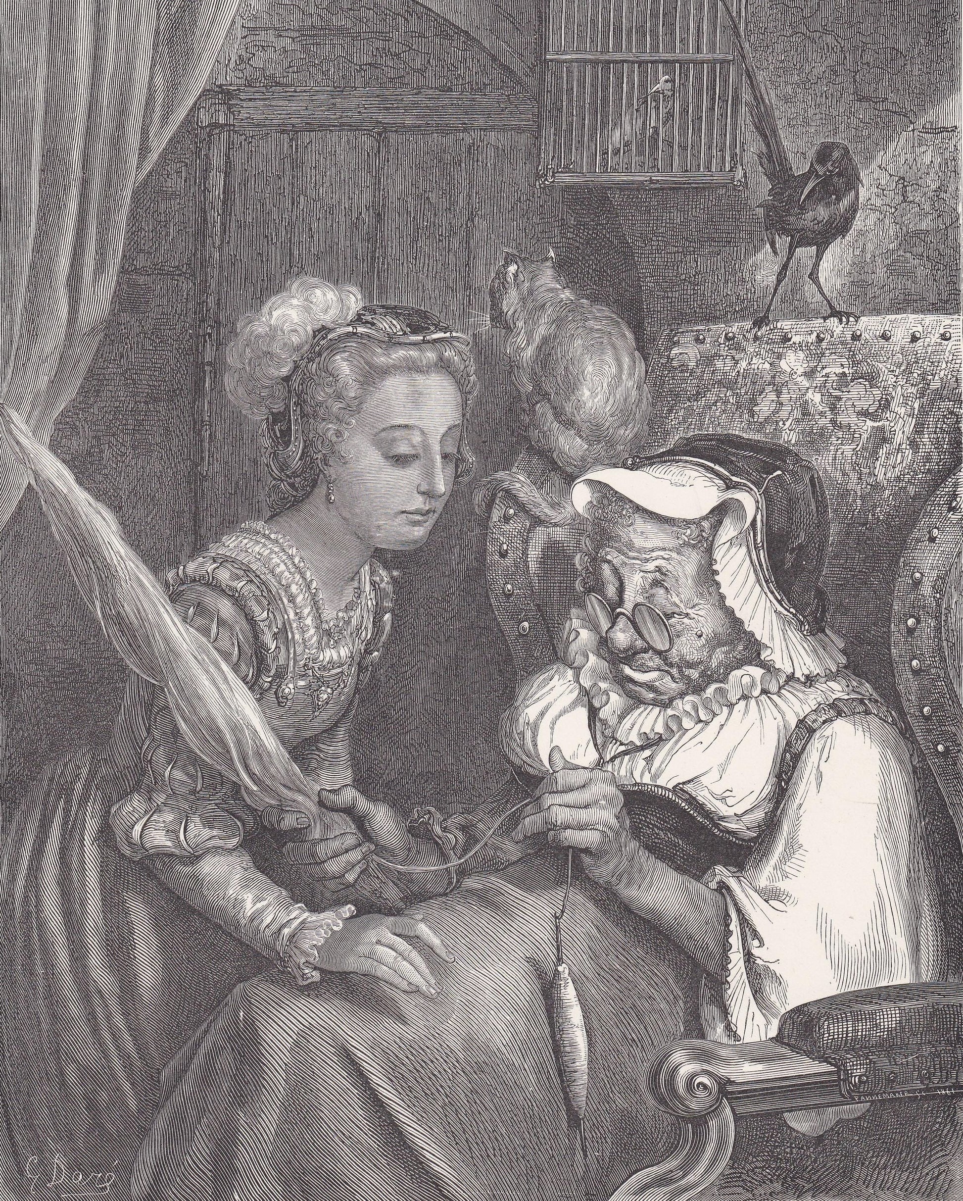 1870 GUSTAVE DORE Print - "The Princess and Fairy Spite" - Dore Wall Art - Antique Dore Engraving - 8.5 x 12.2 Inches