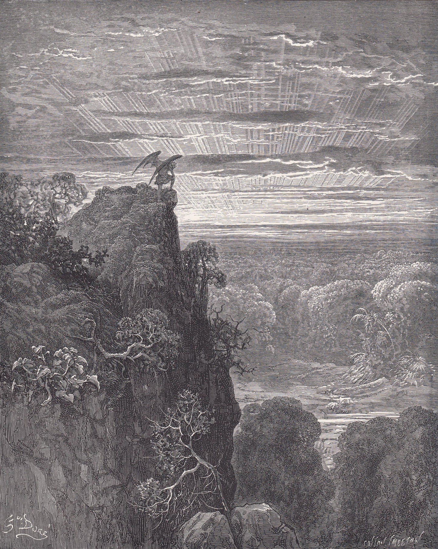 1870 GUSTAVE DORE Print - "Satan Overlooking Paradise" - Dore Wall Art - Antique Dore Engraving - 8.5 x 12.8 Inches