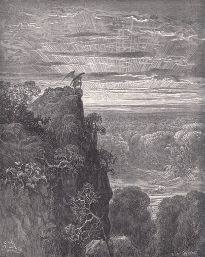 1870 GUSTAVE DORE Print - "Satan Overlooking Paradise" - Dore Wall Art - Antique Dore Engraving - 8.5 x 12.8 Inches