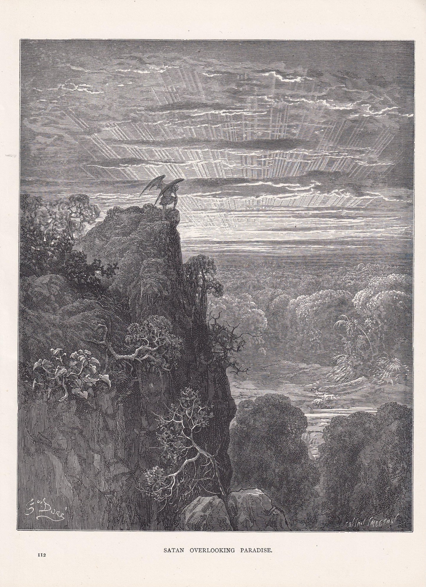 1870 GUSTAVE DORE Print - "Satan Overlooking Paradise" - Dore Wall Art - Antique Dore Engraving - 8.5 x 12.8 Inches