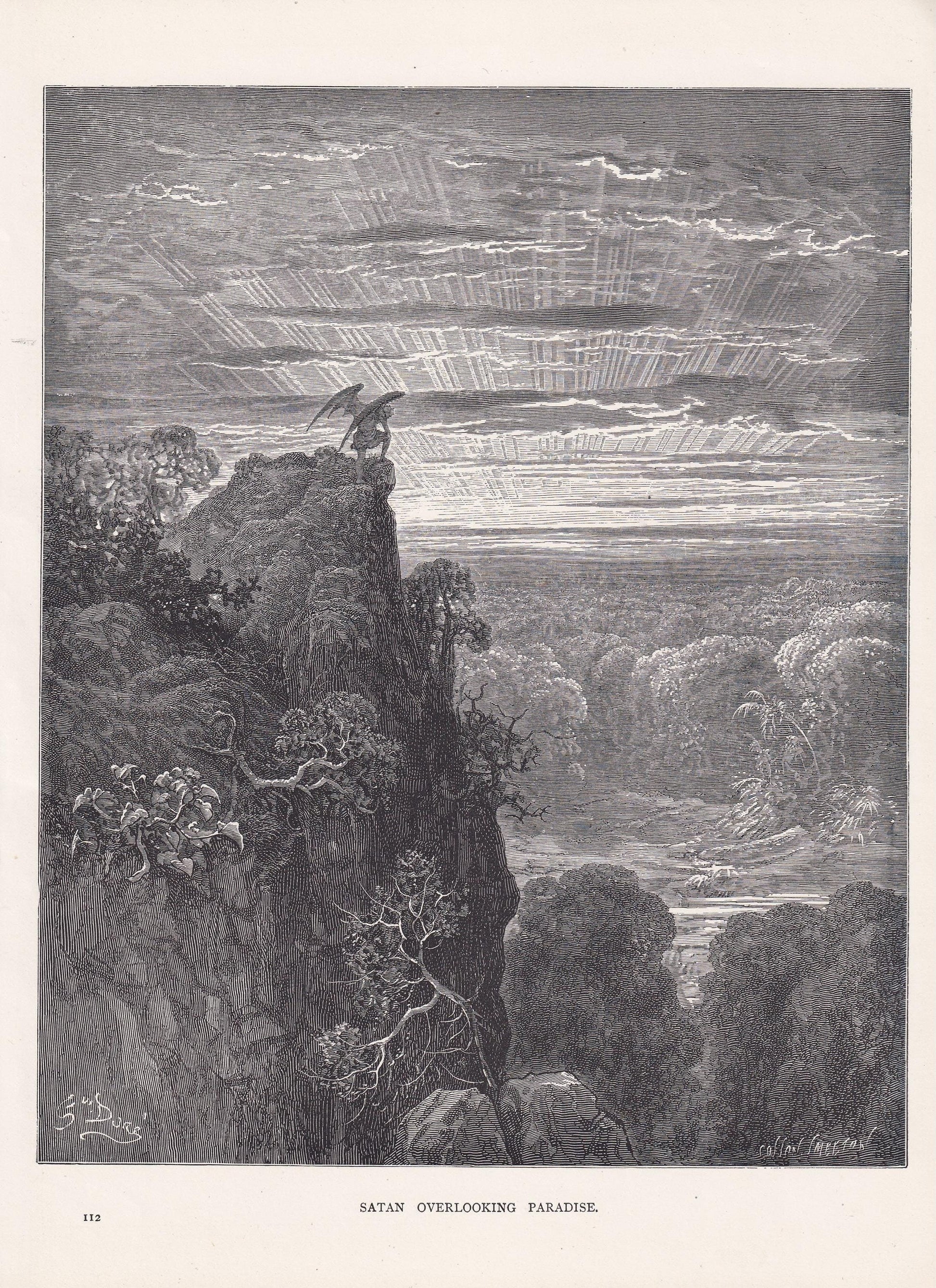 1870 GUSTAVE DORE Print - "Satan Overlooking Paradise" - Dore Wall Art - Antique Dore Engraving - 8.5 x 12.8 Inches
