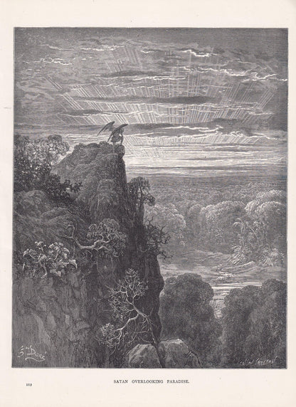 1870 GUSTAVE DORE Print - "Satan Overlooking Paradise" - Dore Wall Art - Antique Dore Engraving - 8.5 x 12.8 Inches