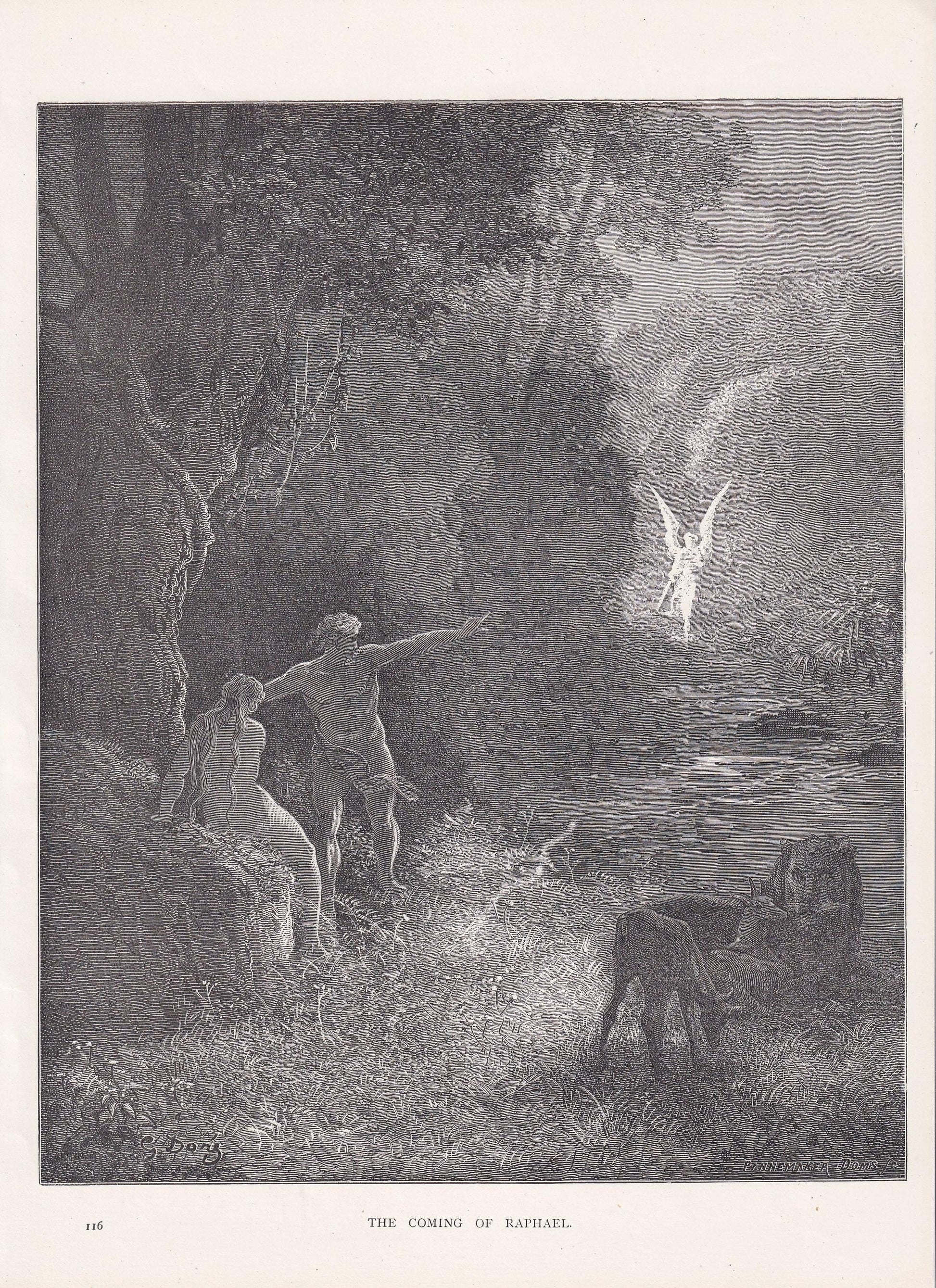 1870 GUSTAVE DORE Print - "The Coming of Raphael" - Dore Wall Art - Antique Dore Engraving - 8.5 x 12.2 Inches
