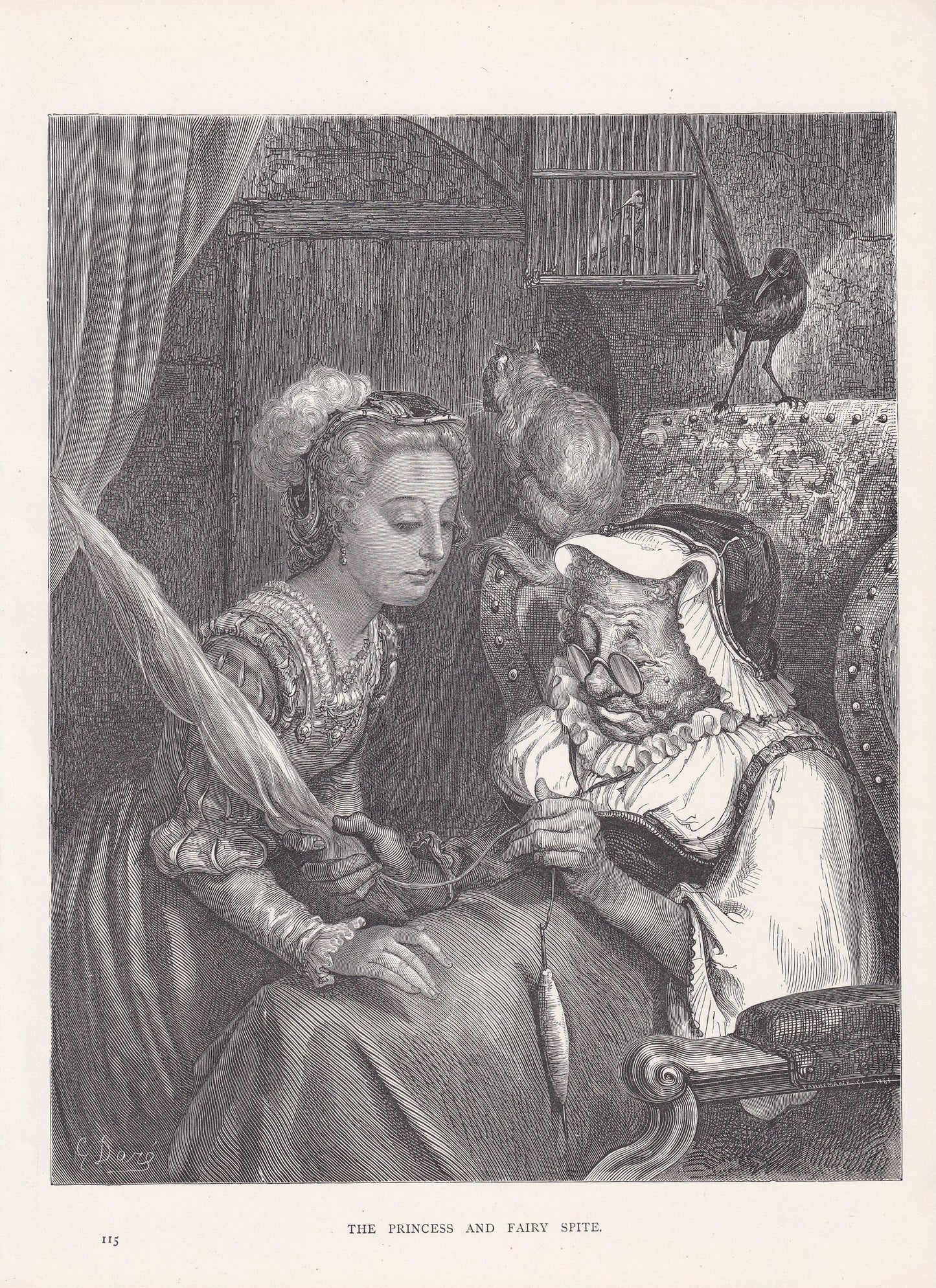 1870 GUSTAVE DORE Print - "The Princess and Fairy Spite" - Dore Wall Art - Antique Dore Engraving - 8.5 x 12.2 Inches